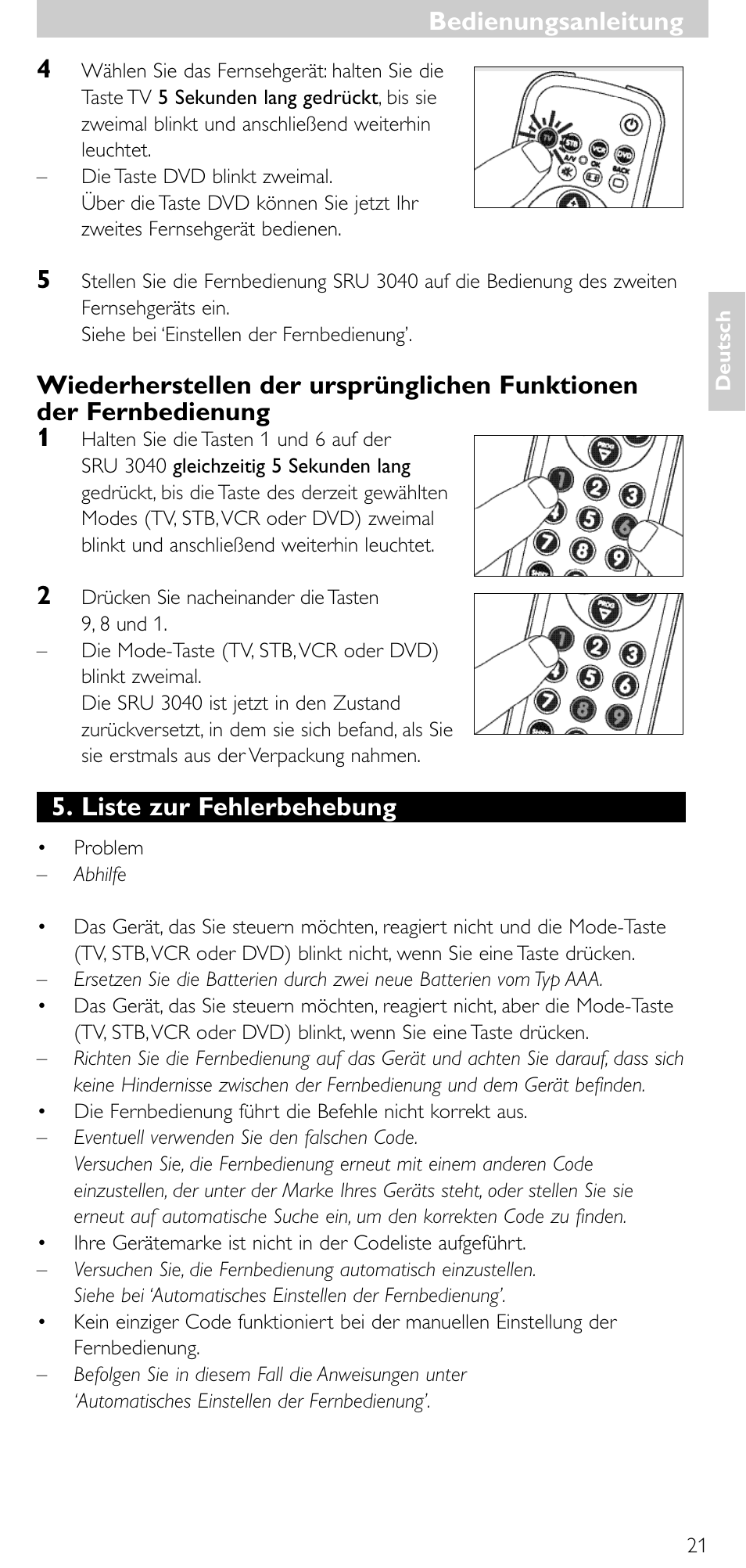 Liste zur fehlerbehebung, Bedienungsanleitung | Minolta SRU 3040/10 User Manual | Page 20 / 119