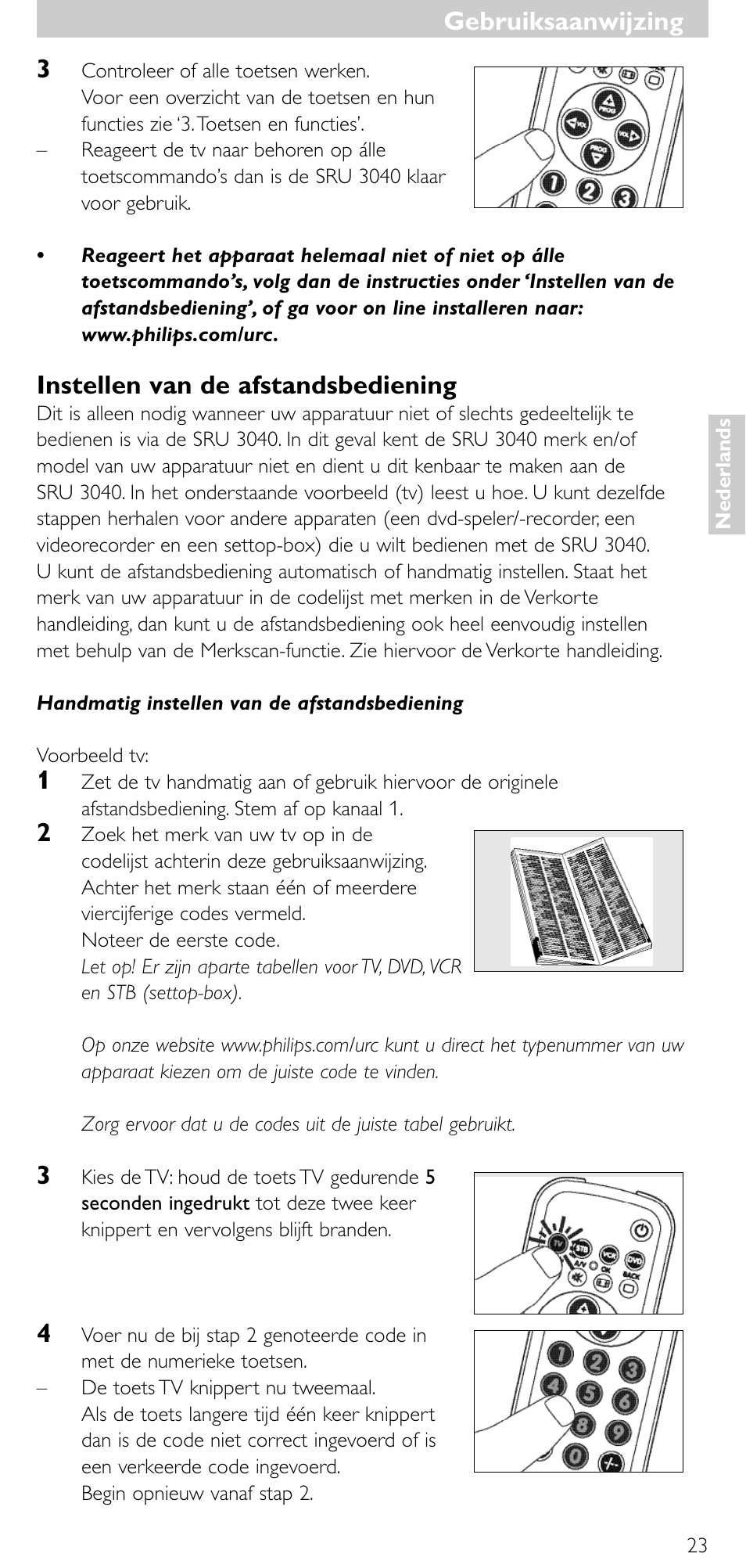 Gebruiksaanwijzing, Instellen van de afstandsbediening | Minolta SRU 3040/10 User Manual | Page 22 / 119