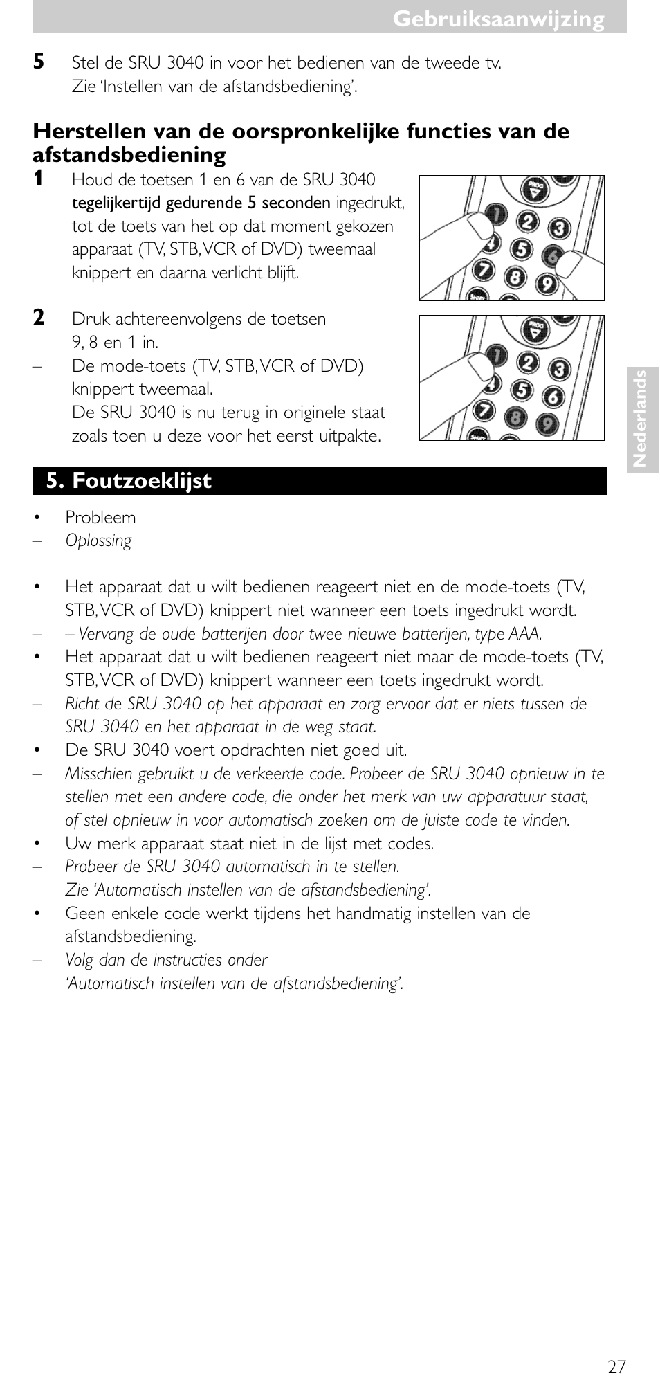 Gebruiksaanwijzing, Foutzoeklijst | Minolta SRU 3040/10 User Manual | Page 26 / 119