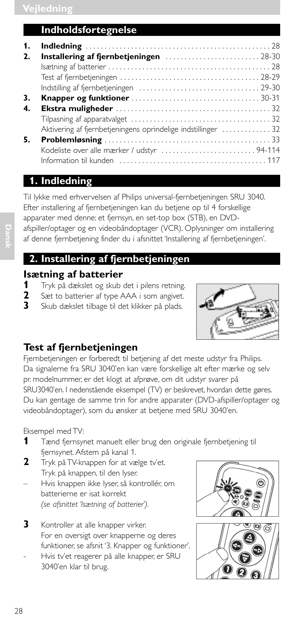 Indholdsfortegnelse, Indledning, Test af fjernbetjeningen | Vejledning | Minolta SRU 3040/10 User Manual | Page 27 / 119
