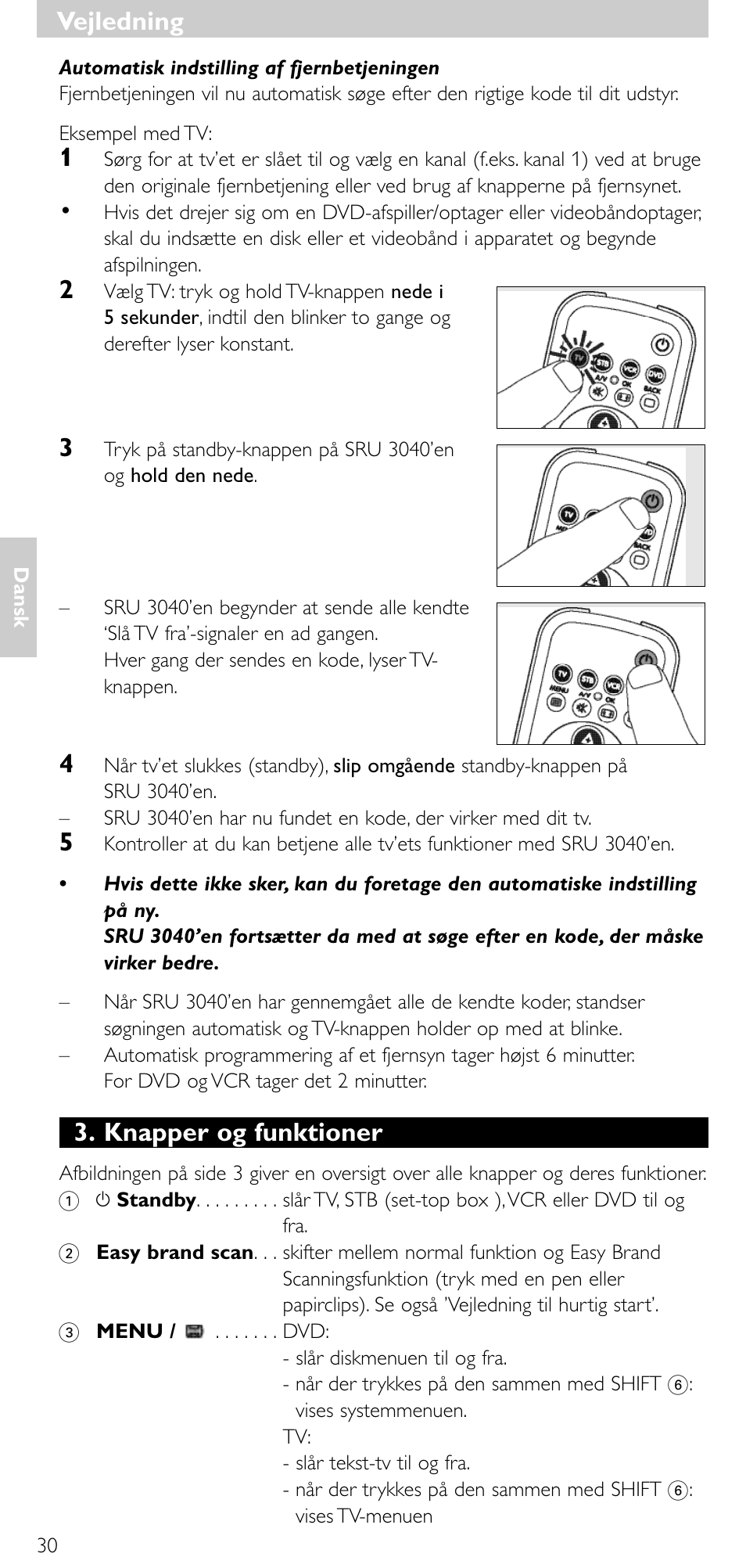 Knapper og funktioner, Vejledning | Minolta SRU 3040/10 User Manual | Page 29 / 119