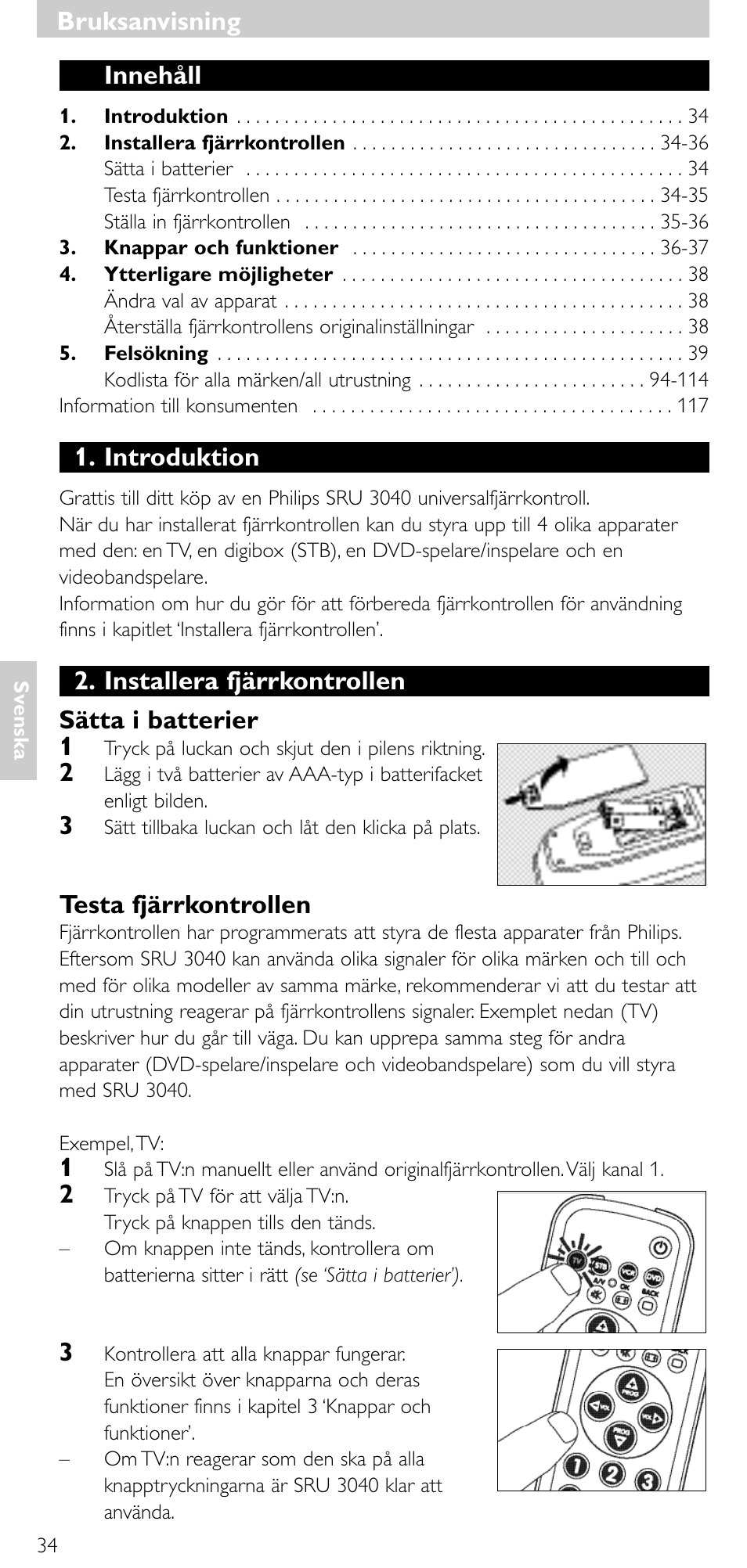 Innehåll, Introduktion, Installera fjärrkontrollen sätta i batterier 1 | Testa fjärrkontrollen, Bruksanvisning | Minolta SRU 3040/10 User Manual | Page 33 / 119