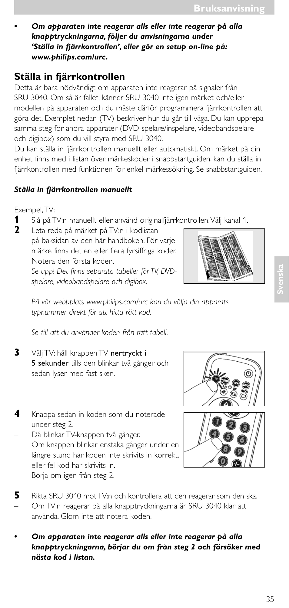 Bruksanvisning, Ställa in fjärrkontrollen | Minolta SRU 3040/10 User Manual | Page 34 / 119