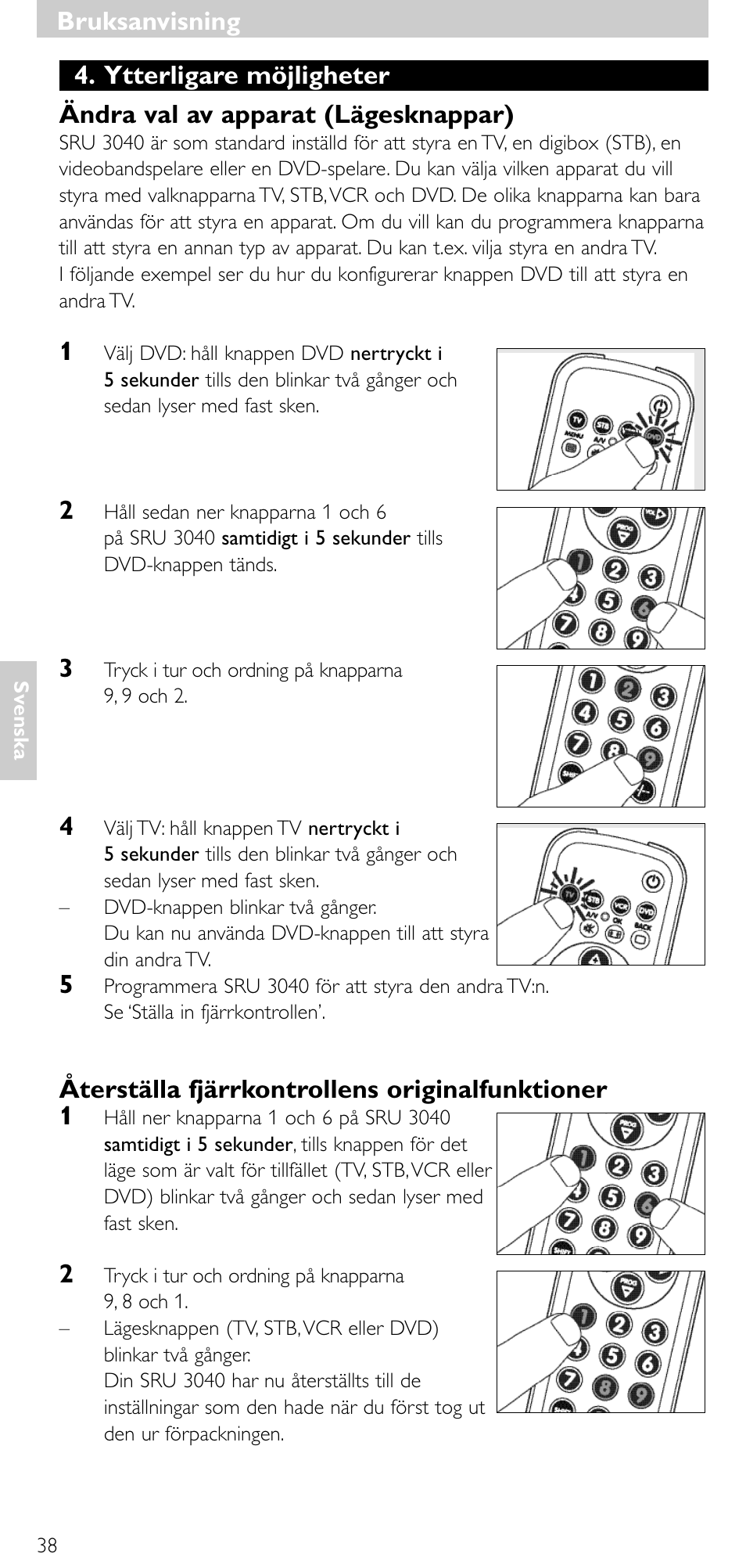 Återställa fjärrkontrollens originalfunktioner 1, Bruksanvisning | Minolta SRU 3040/10 User Manual | Page 37 / 119