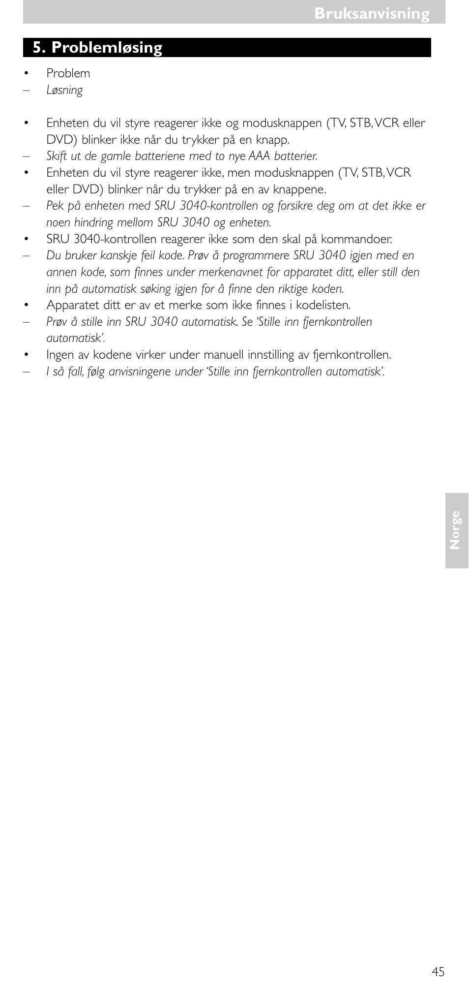 Problemløsing, Bruksanvisning | Minolta SRU 3040/10 User Manual | Page 44 / 119