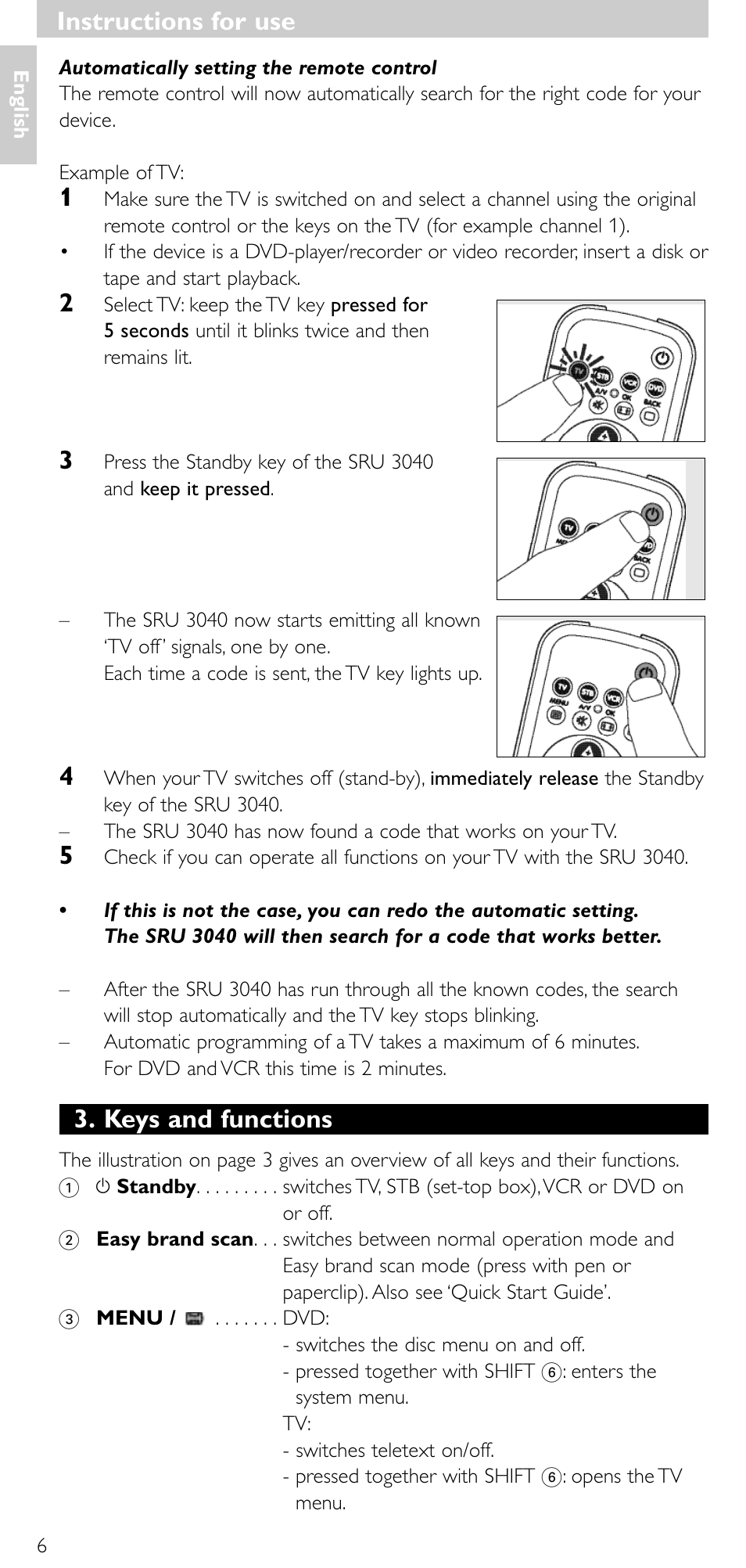 Keys and functions, Instructions for use | Minolta SRU 3040/10 User Manual | Page 5 / 119