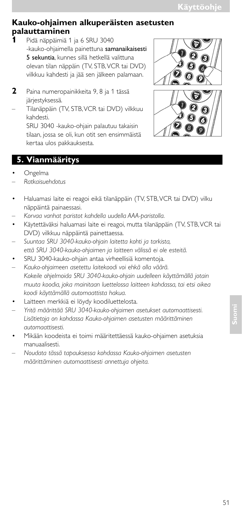Käyttöohje, Vianmääritys | Minolta SRU 3040/10 User Manual | Page 50 / 119