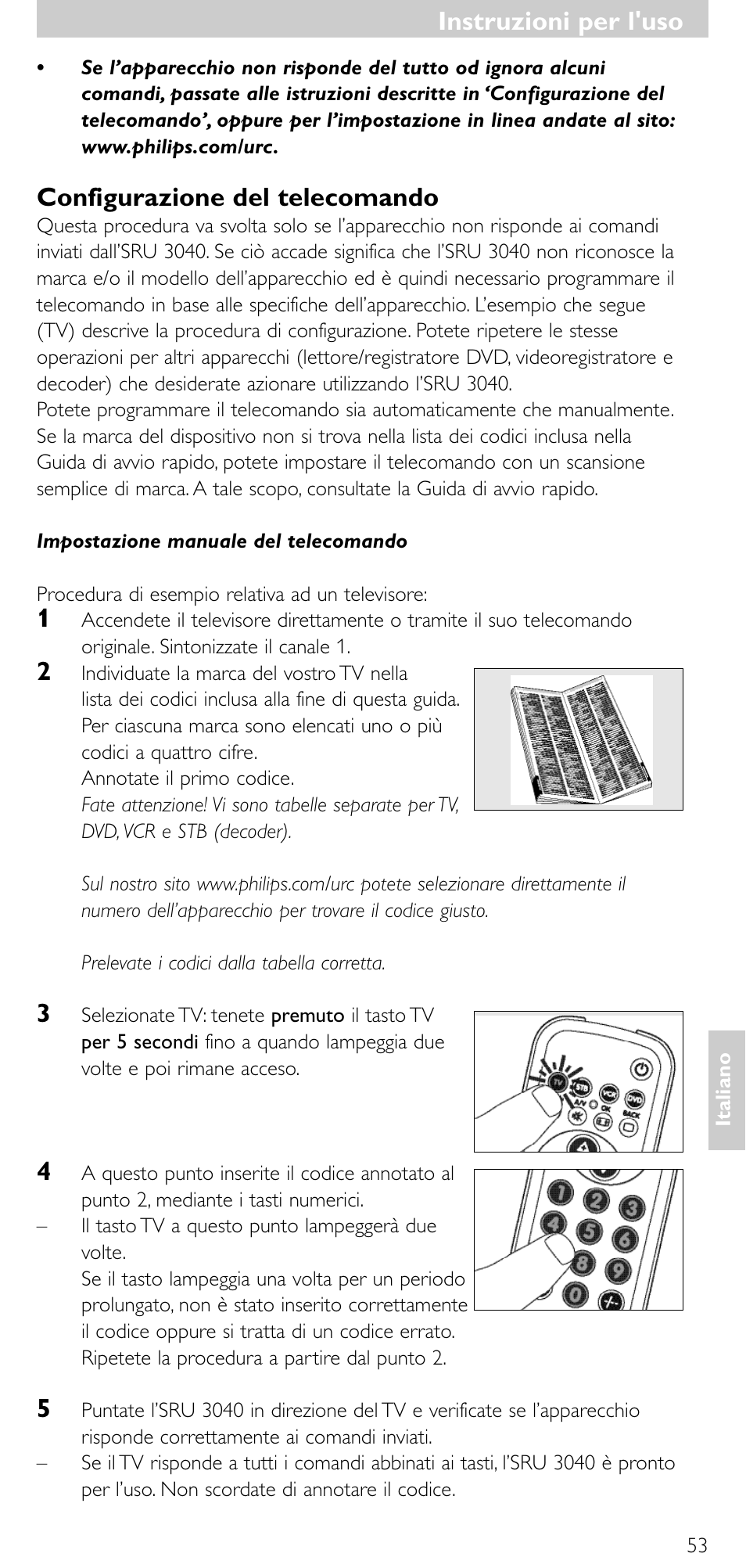 Instruzioni per l'uso, Configurazione del telecomando | Minolta SRU 3040/10 User Manual | Page 52 / 119