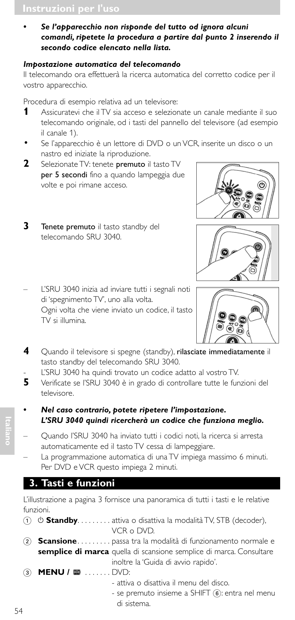 Tasti e funzioni, Instruzioni per l'uso | Minolta SRU 3040/10 User Manual | Page 53 / 119