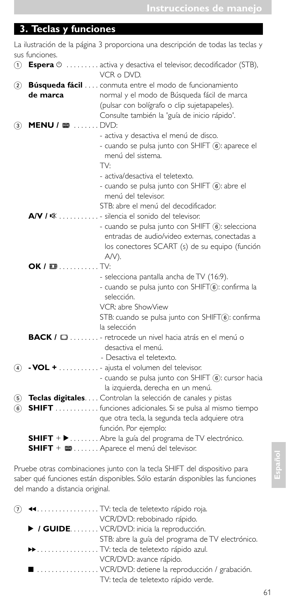 Teclas y funciones, Instrucciones de manejo | Minolta SRU 3040/10 User Manual | Page 60 / 119