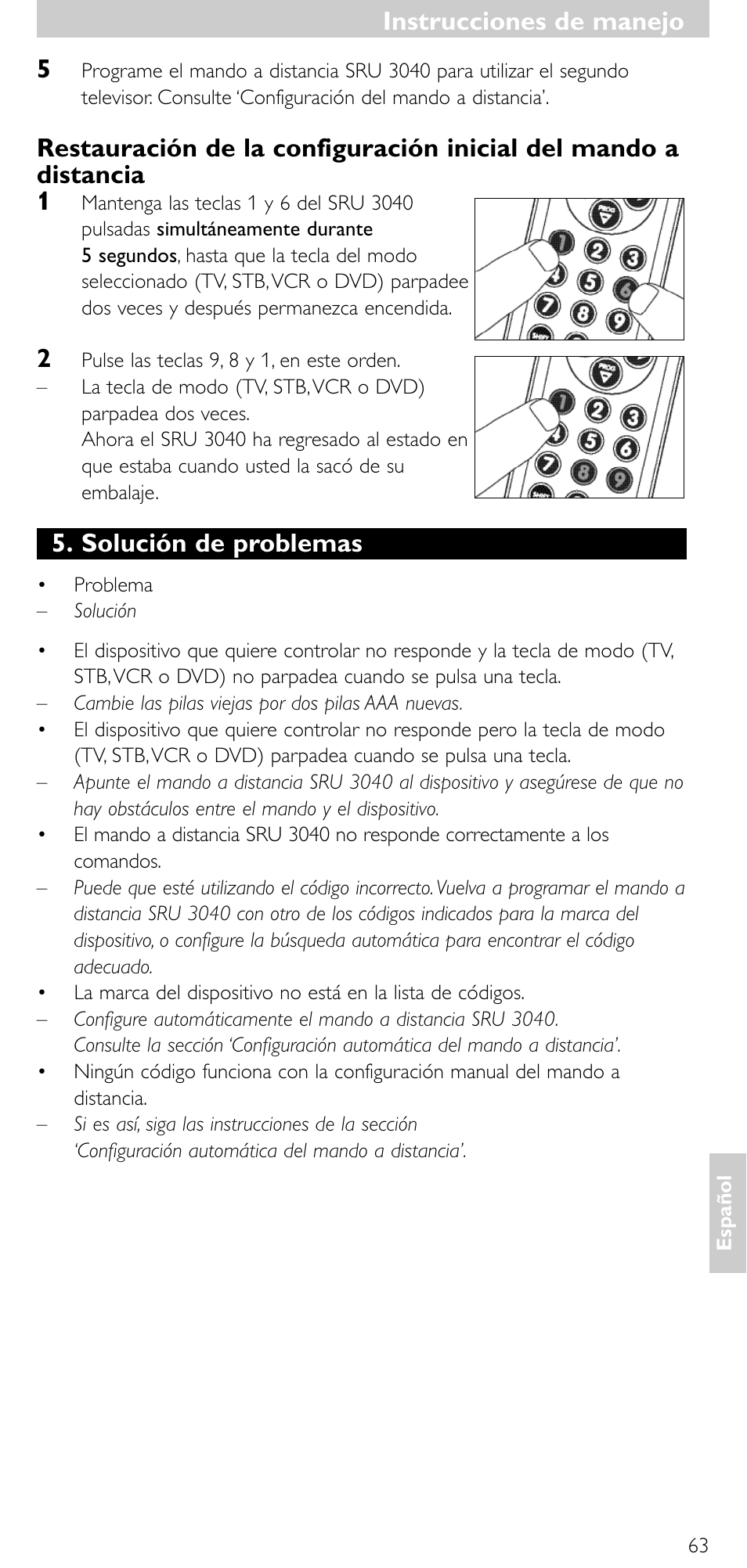 Solución de problemas, Instrucciones de manejo | Minolta SRU 3040/10 User Manual | Page 62 / 119