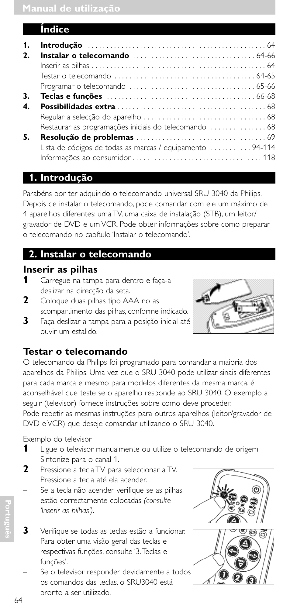 Índice, Introdução, Instalar o telecomando inserir as pilhas 1 | Testar o telecomando, Manual de utilização | Minolta SRU 3040/10 User Manual | Page 63 / 119