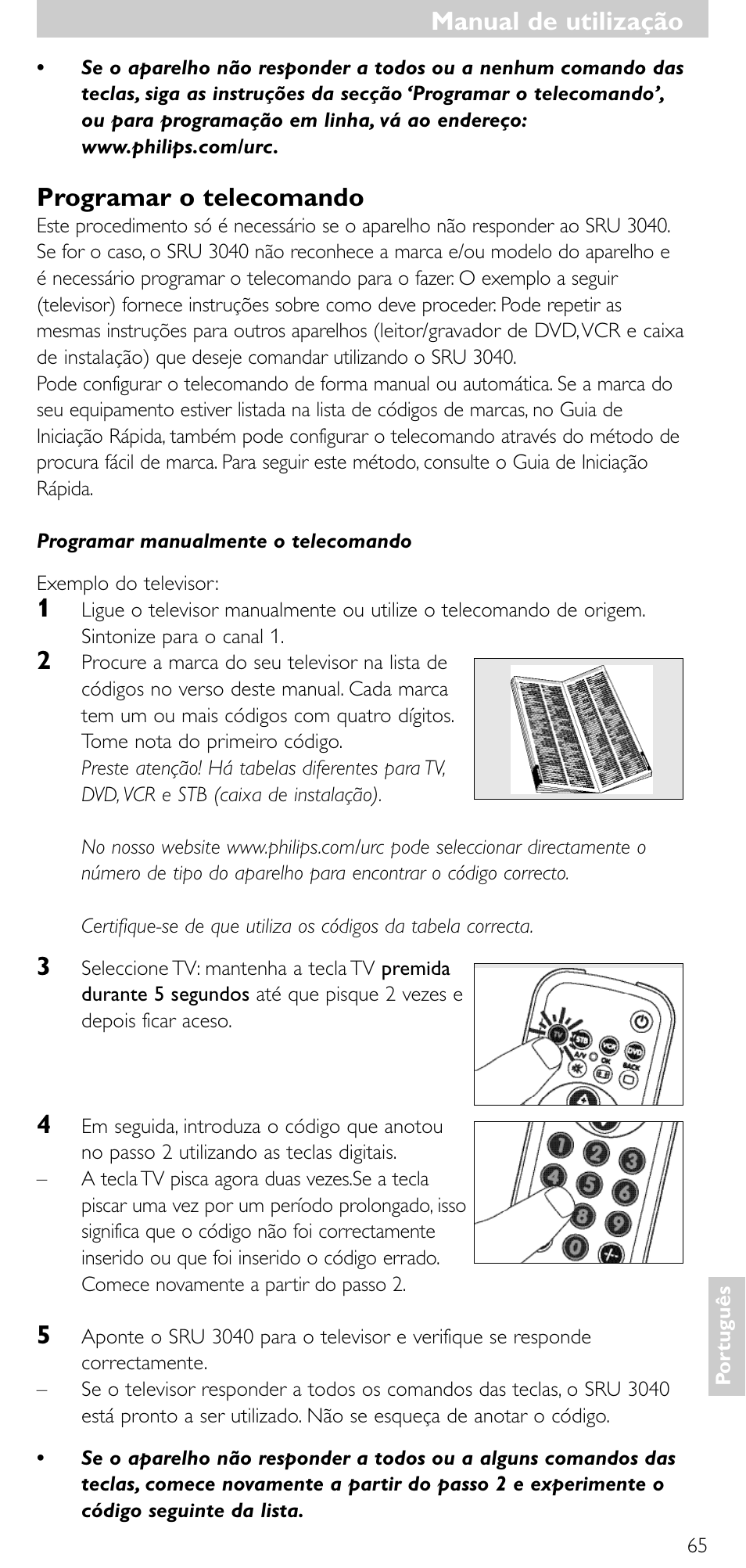 Manual de utilização, Programar o telecomando | Minolta SRU 3040/10 User Manual | Page 64 / 119