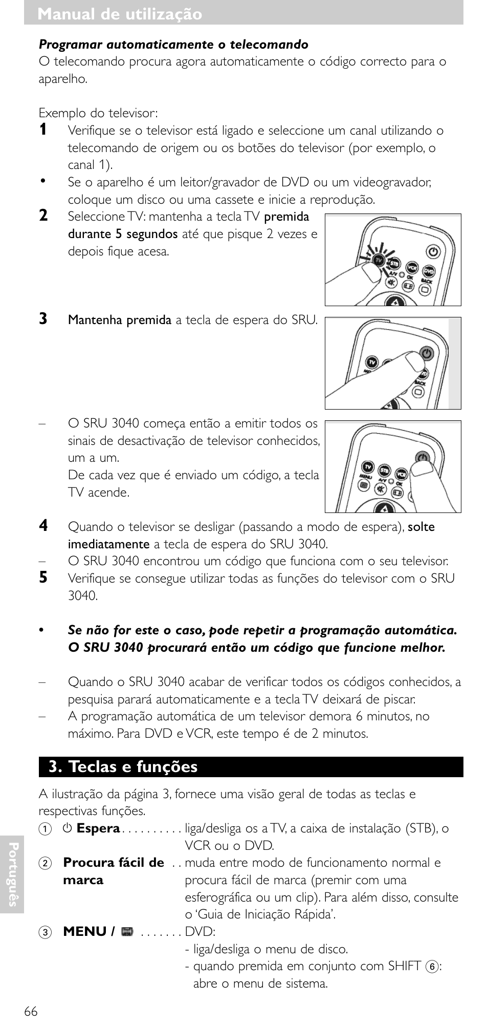 Teclas e funções, Manual de utilização | Minolta SRU 3040/10 User Manual | Page 65 / 119