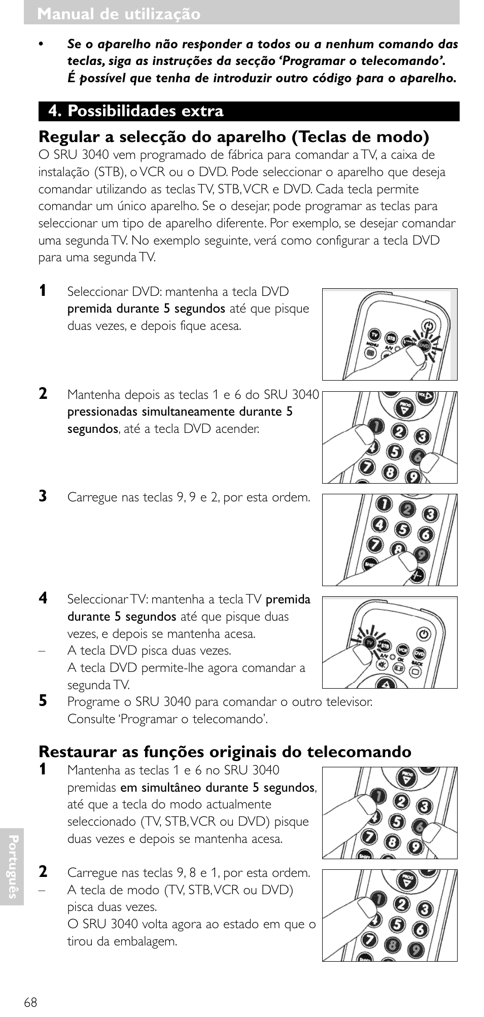 Restaurar as funções originais do telecomando 1, Manual de utilização | Minolta SRU 3040/10 User Manual | Page 67 / 119