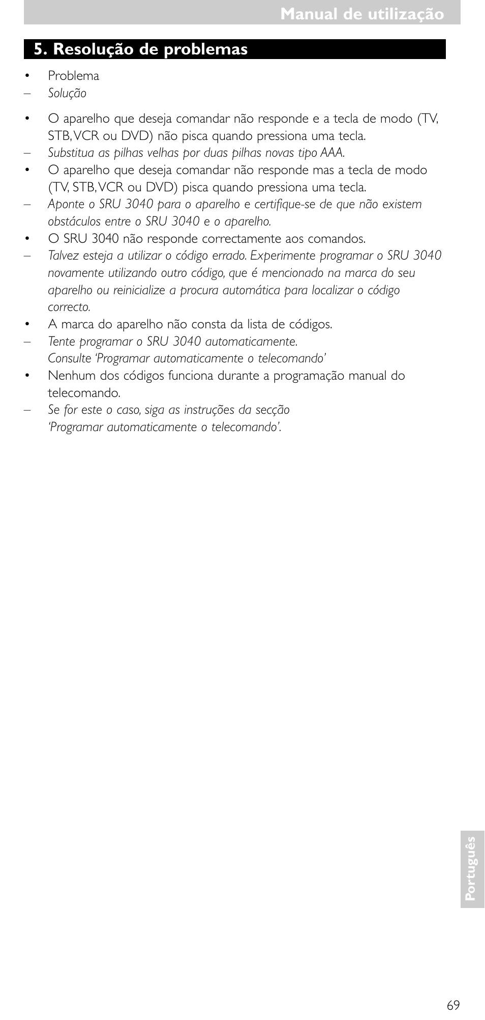 Manual de utilização, Resolução de problemas | Minolta SRU 3040/10 User Manual | Page 68 / 119