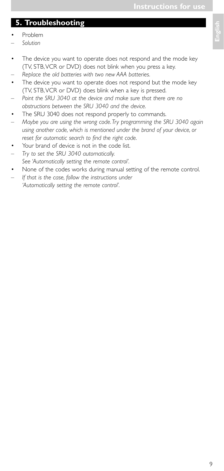 Troubleshooting, Instructions for use | Minolta SRU 3040/10 User Manual | Page 8 / 119