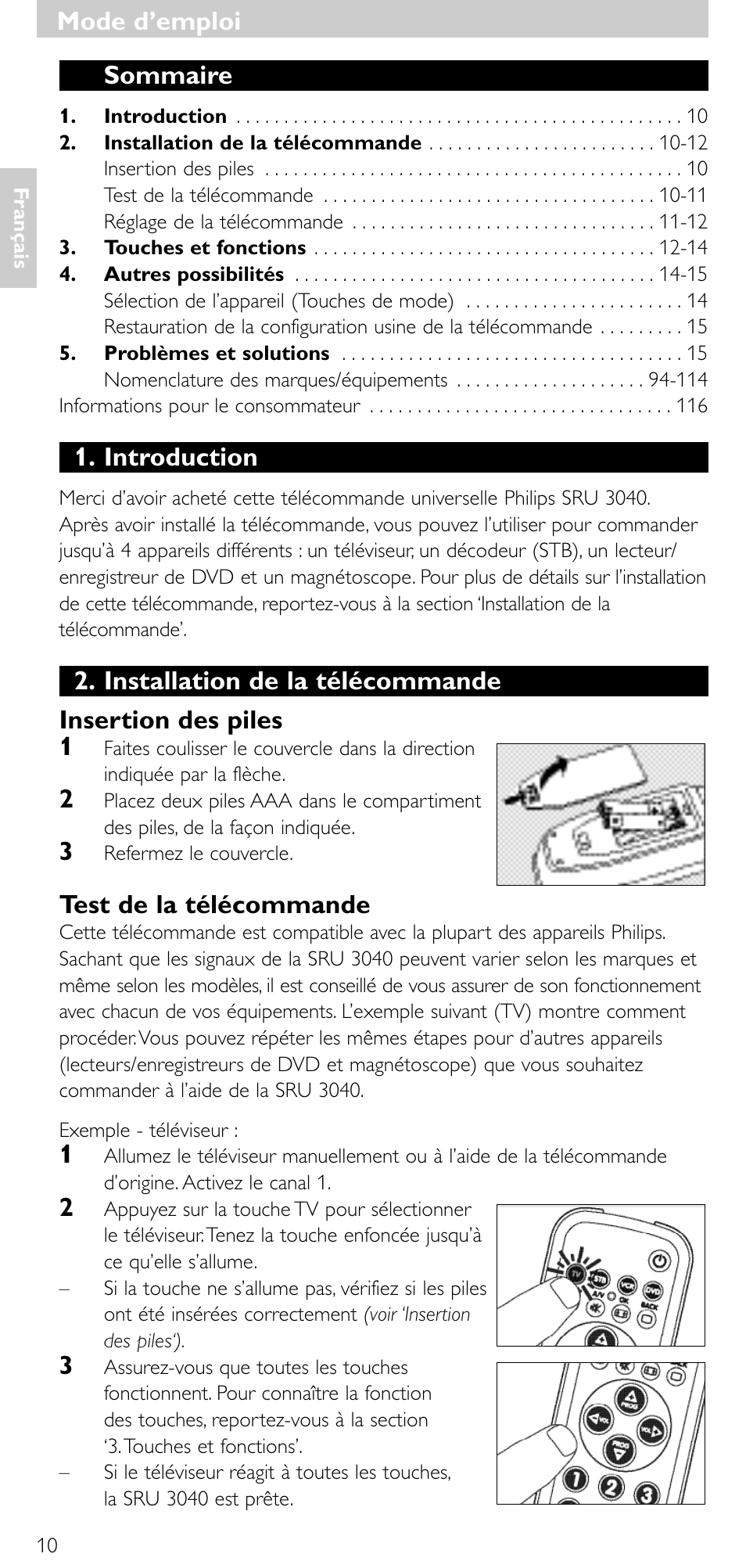 Sommaire, Introduction, Test de la télécommande | Mode d’emploi | Minolta SRU 3040/10 User Manual | Page 9 / 119