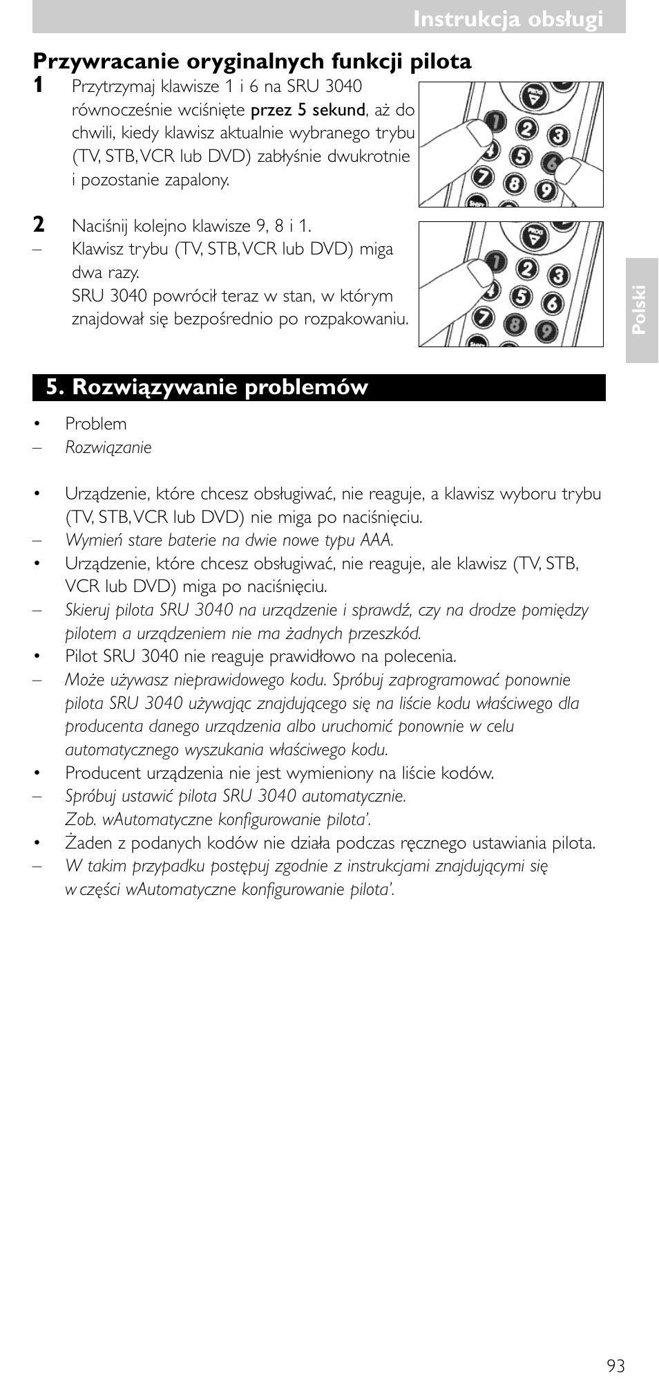 Instrukcja obsługi, Przywracanie oryginalnych funkcji pilota 1, Rozwiązywanie problemów | Minolta SRU 3040/10 User Manual | Page 92 / 119