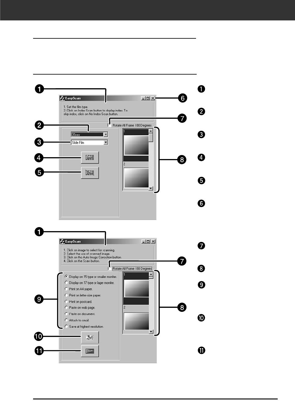 Easy scan utility window, The easy scan utility window – name of parts | Minolta DIMAGE SCAN DUAL II AF-2820U User Manual | Page 25 / 109