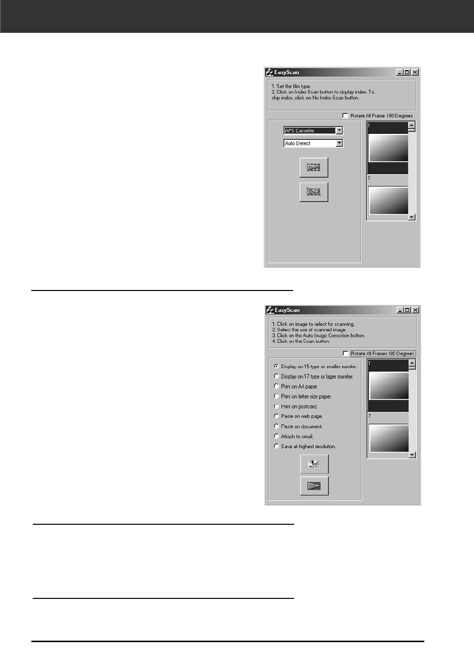 Easy index scan, Setting the usage image correction rotate | Minolta DIMAGE SCAN DUAL II AF-2820U User Manual | Page 32 / 109