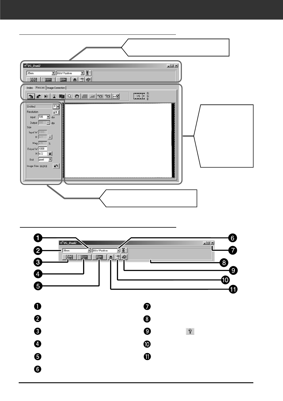 Launching the utility software, Main window – name of parts | Minolta DIMAGE SCAN DUAL II AF-2820U User Manual | Page 38 / 109