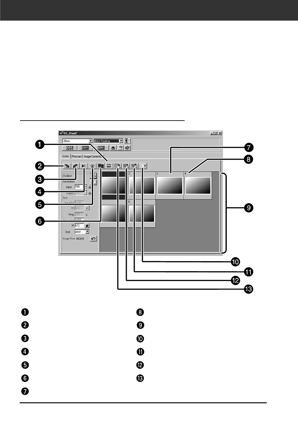 Index scan – name of parts, The index tab part – names of parts | Minolta DIMAGE SCAN DUAL II AF-2820U User Manual | Page 42 / 109