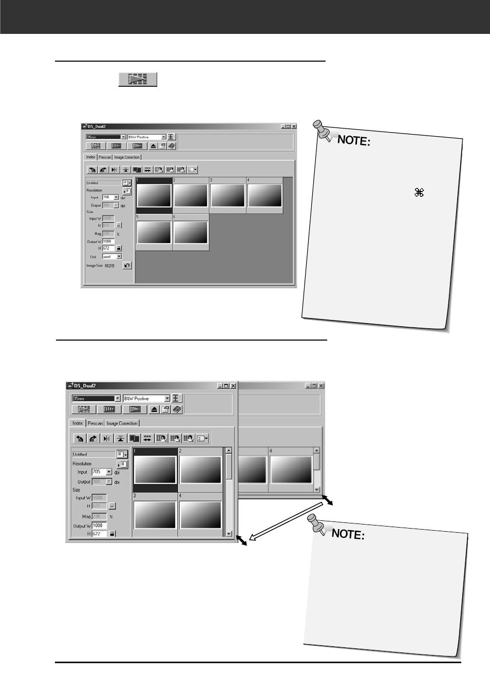 Index scan, Index scan changing the window size, Changing the window size | Minolta DIMAGE SCAN DUAL II AF-2820U User Manual | Page 43 / 109