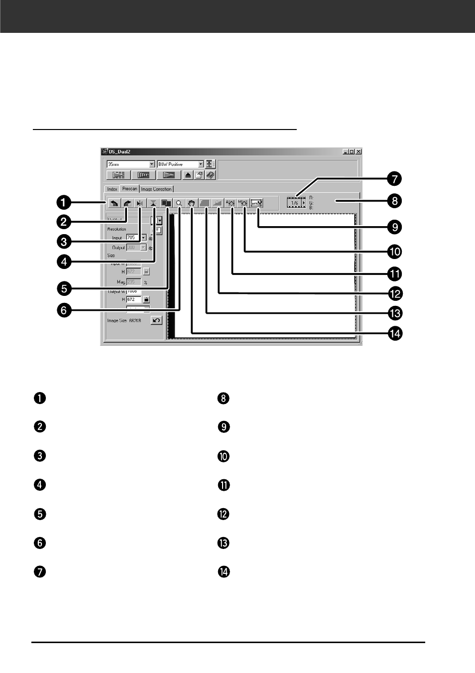 Prescan, The prescan tab part – names of parts | Minolta DIMAGE SCAN DUAL II AF-2820U User Manual | Page 50 / 109