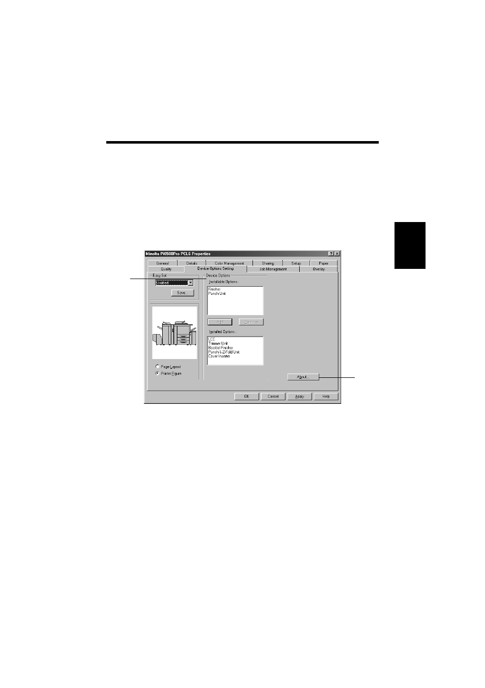 Device options setting tab, Functions of the device options setting tab, Device options setting tab -3 | Functions of the device options setting tab -3, P. 3-3 | Minolta PCL6 User Manual | Page 35 / 88