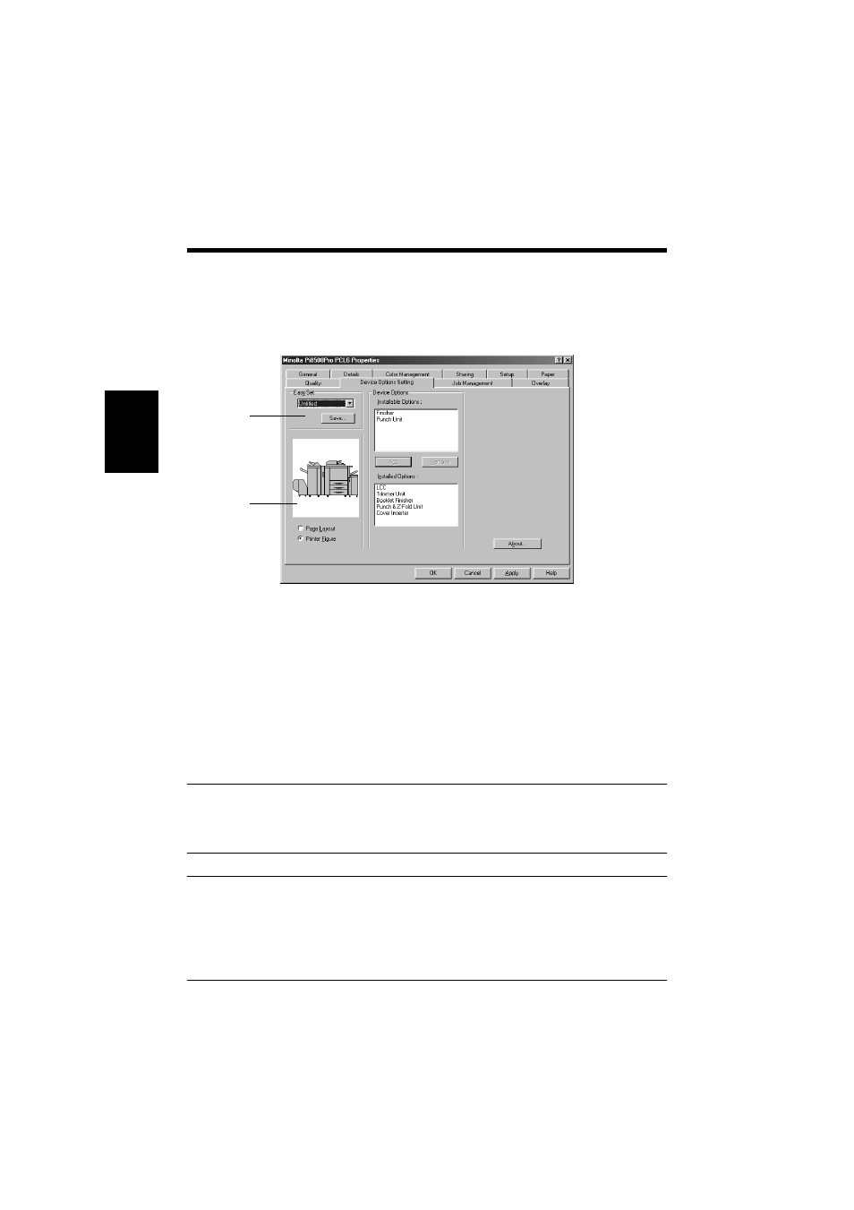 Functions common to various properties tabs, Functions common to various properties tabs -4 | Minolta PCL6 User Manual | Page 36 / 88