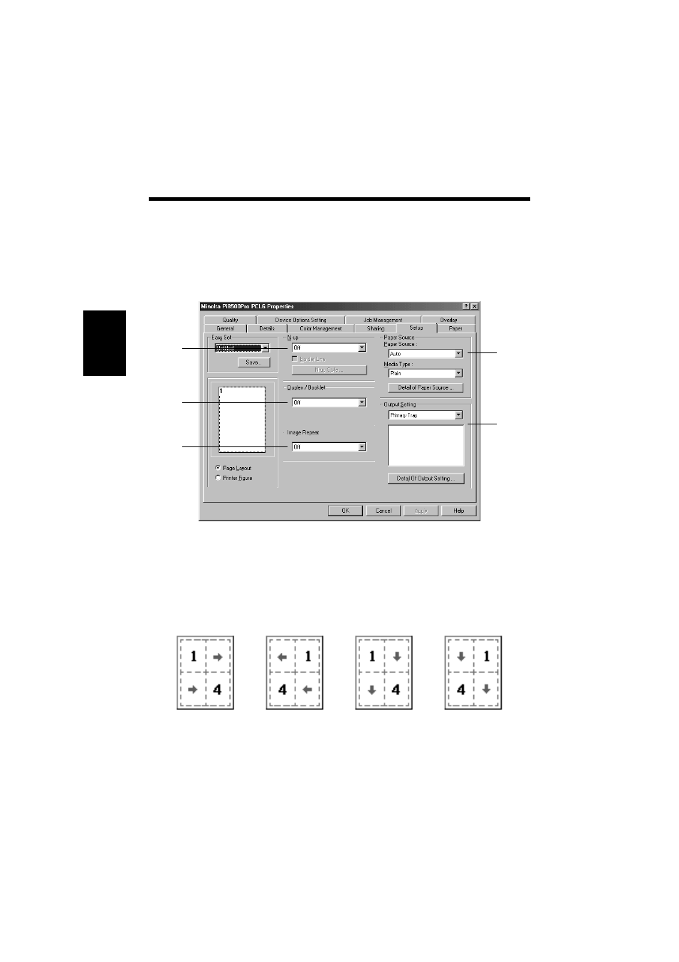 Setup tab, Functions of the setup tab, Setup tab -6 | Functions of the setup tab -6, P. 3-6 | Minolta PCL6 User Manual | Page 38 / 88