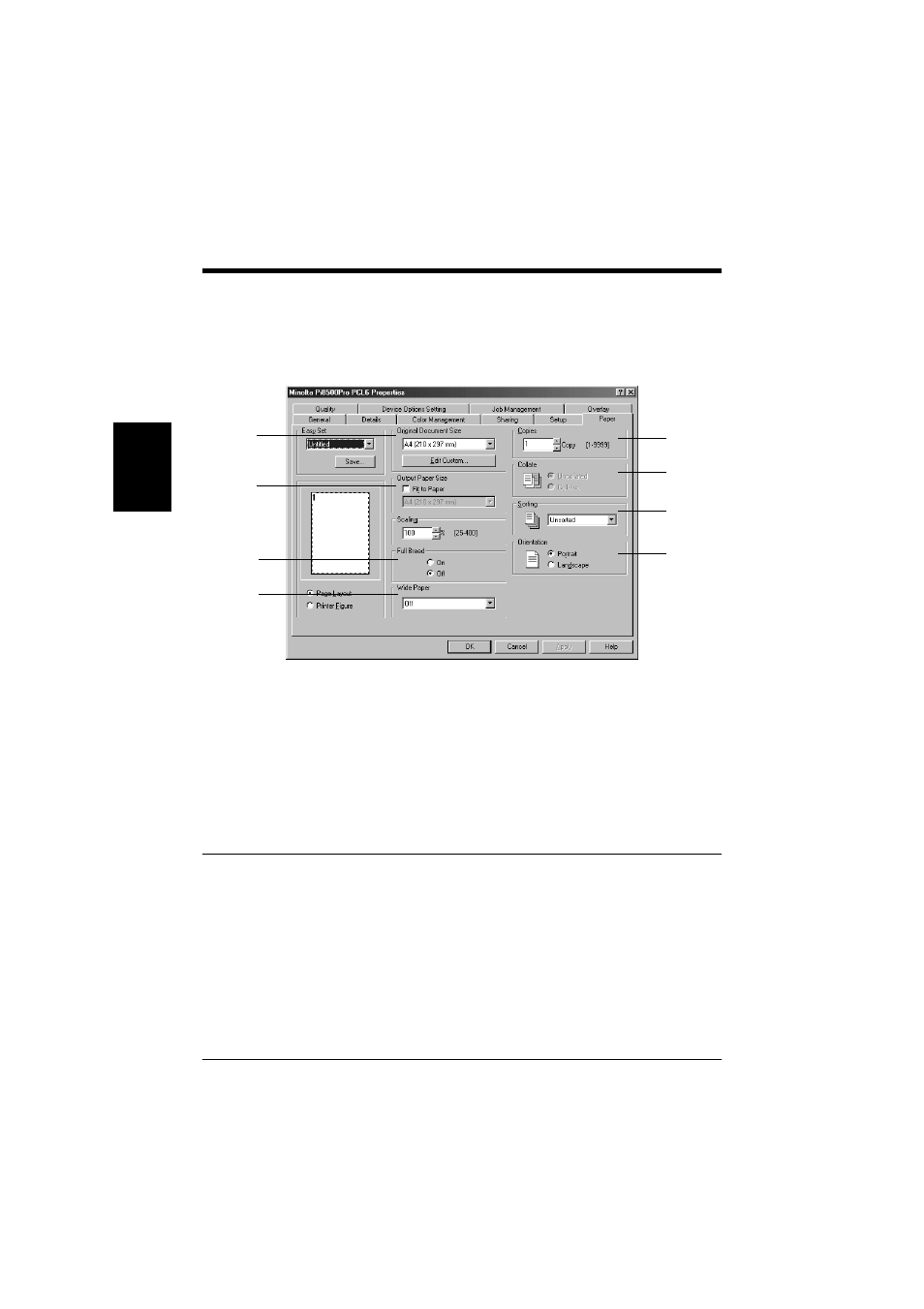 Paper tab, Functions of the paper tab, Paper tab -14 | Functions of the paper tab -14, P. 3-14 | Minolta PCL6 User Manual | Page 46 / 88