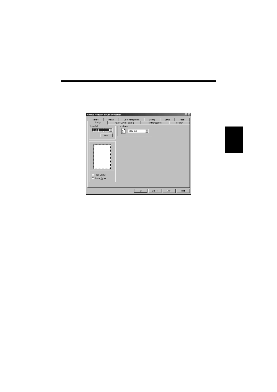 Quality tab, Functions of the quality tab, Quality tab -19 | Functions of the quality tab -19, P. 3-19 | Minolta PCL6 User Manual | Page 51 / 88
