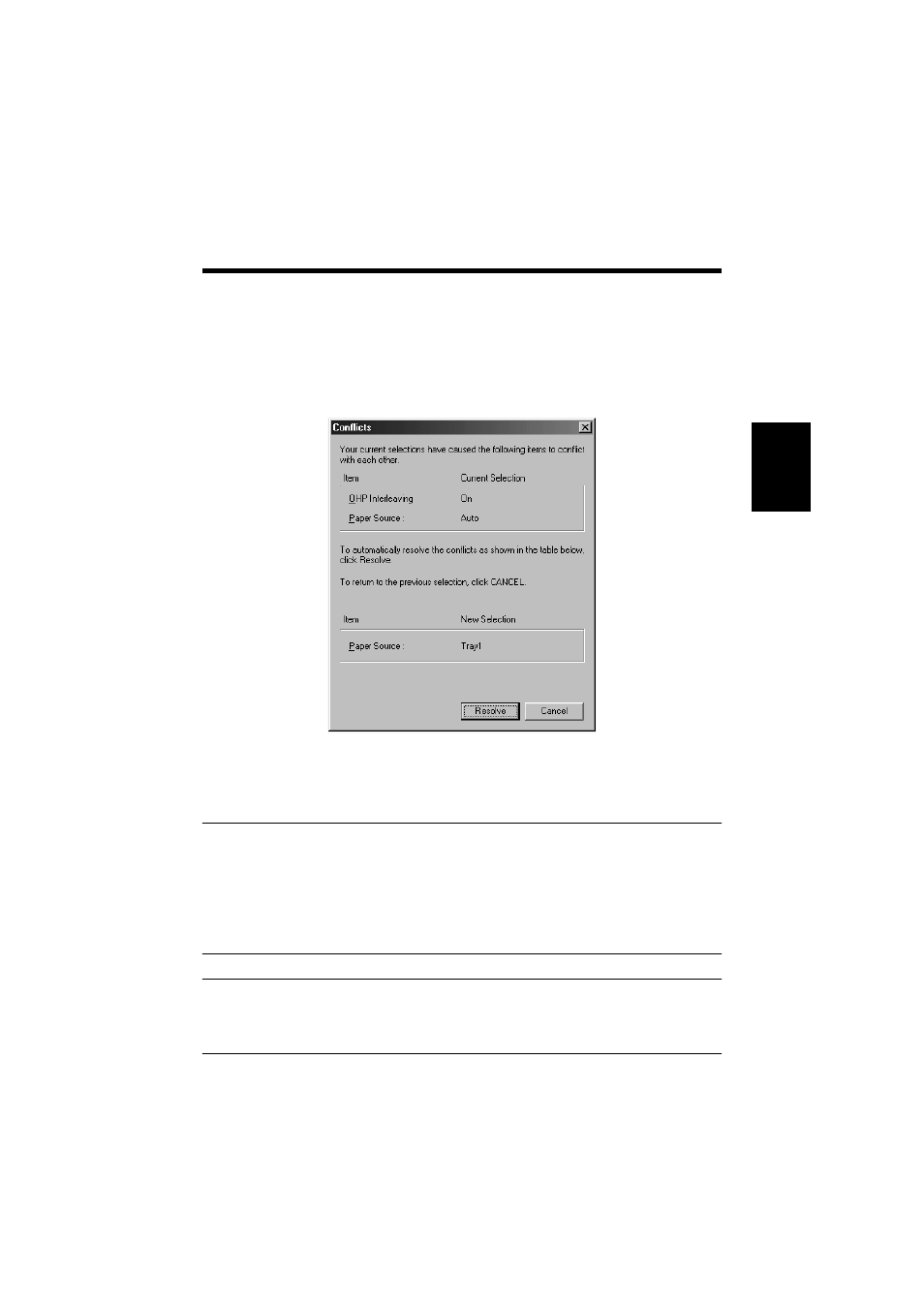 Conflicts dialog box, Functions of the conflicts dialog box, Conflicts dialog box -27 | Functions of the conflicts dialog box -27 | Minolta PCL6 User Manual | Page 59 / 88