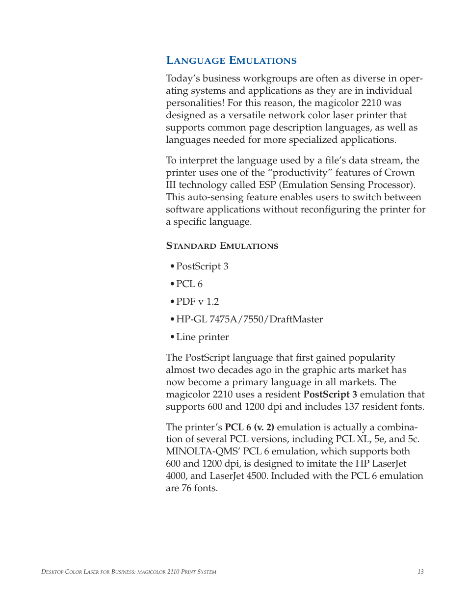 Language emulations | Minolta magicolor 2210 User Manual | Page 17 / 78