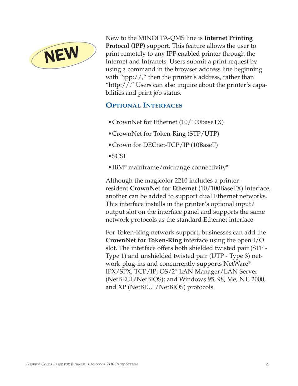 Optional interfaces, Ipx/spx; tcp/ip; os/2 | Minolta magicolor 2210 User Manual | Page 25 / 78