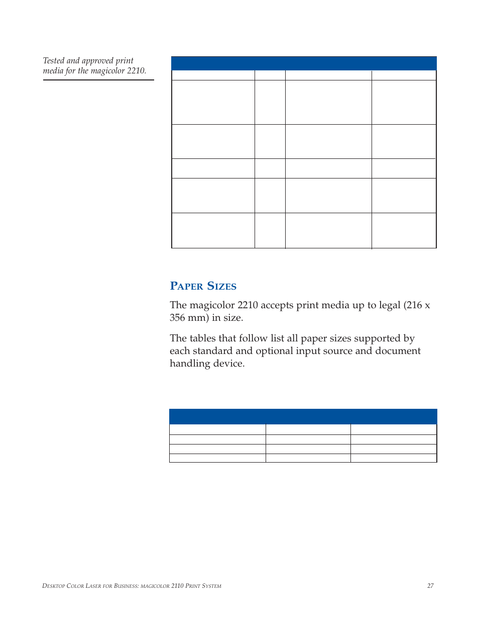 Paper sizes, Aper, Izes | Minolta magicolor 2210 User Manual | Page 31 / 78