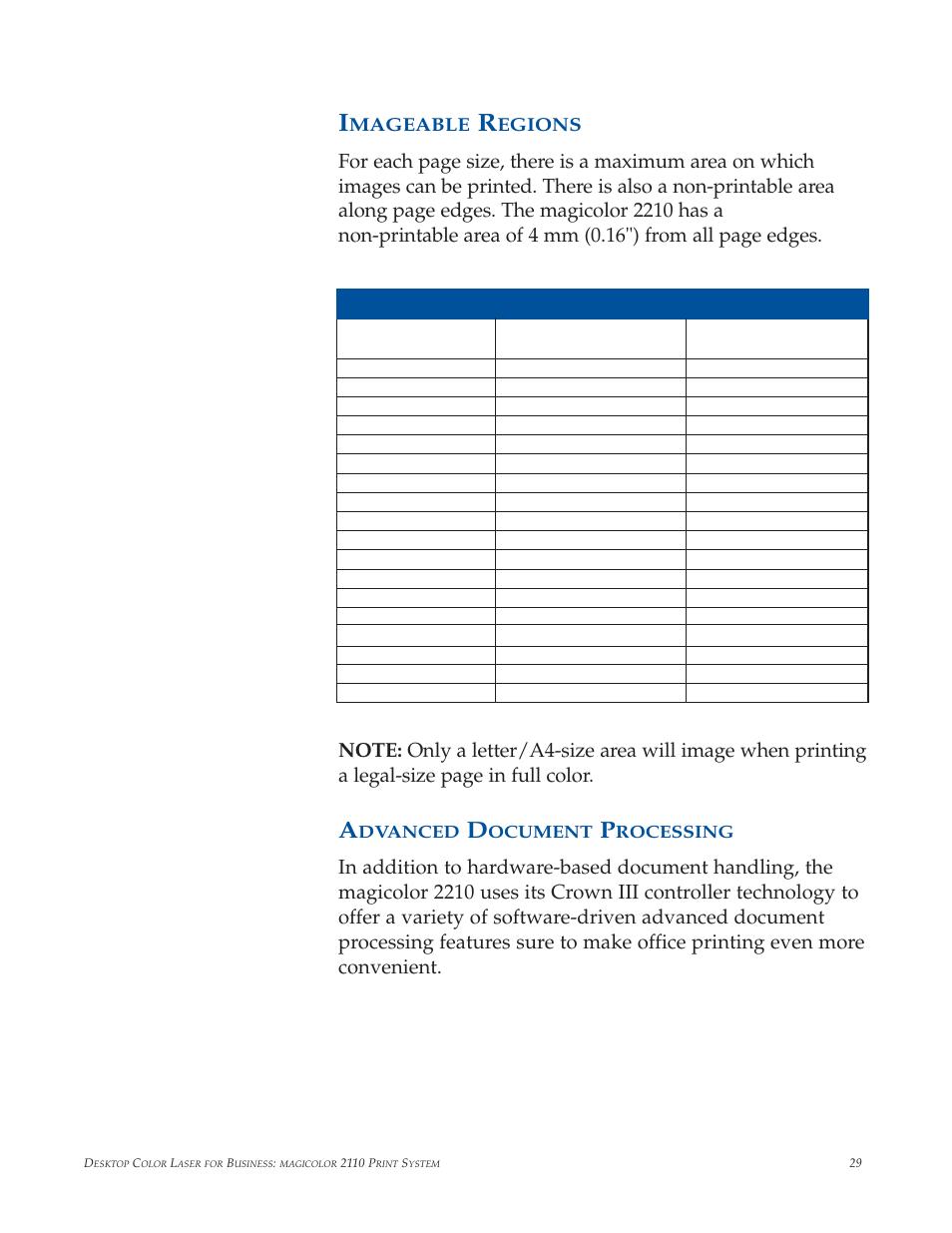 Imageable regions, Advanced document processing, Mageable | Egions | Minolta magicolor 2210 User Manual | Page 33 / 78