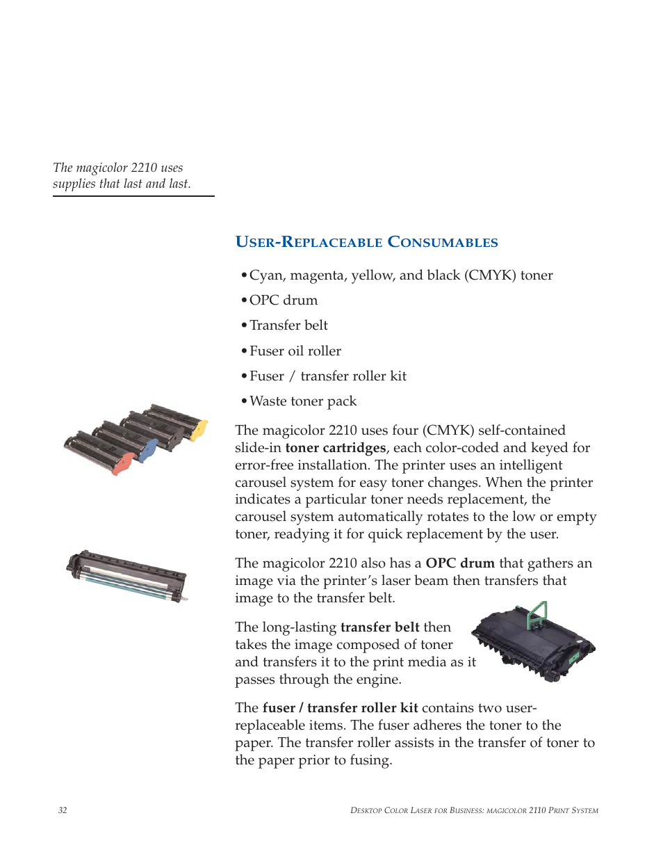 Consumables & supplies, User-replaceable | Minolta magicolor 2210 User Manual | Page 36 / 78