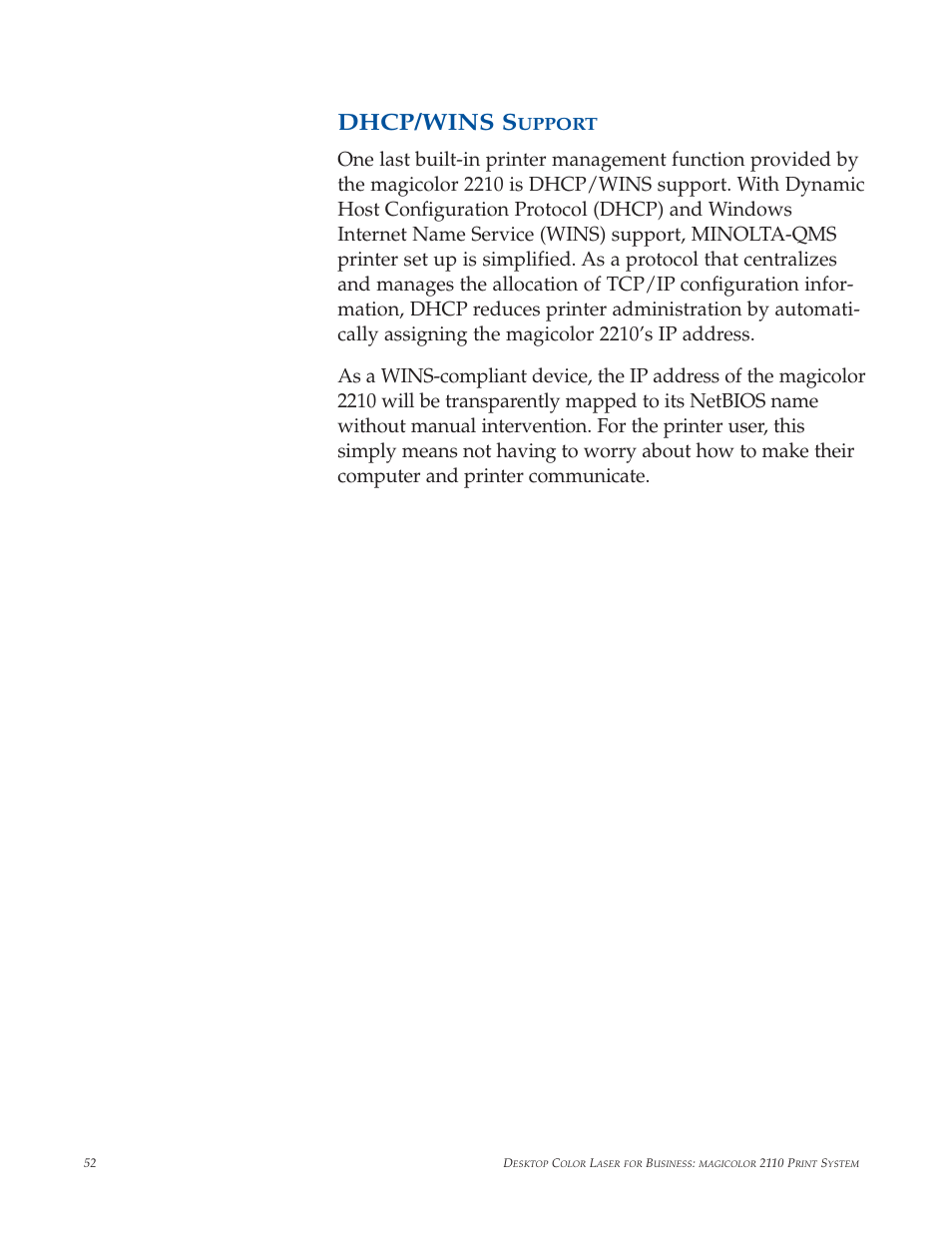 Dhcp/wins support, Dhcp/wins s, Upport | Minolta magicolor 2210 User Manual | Page 56 / 78