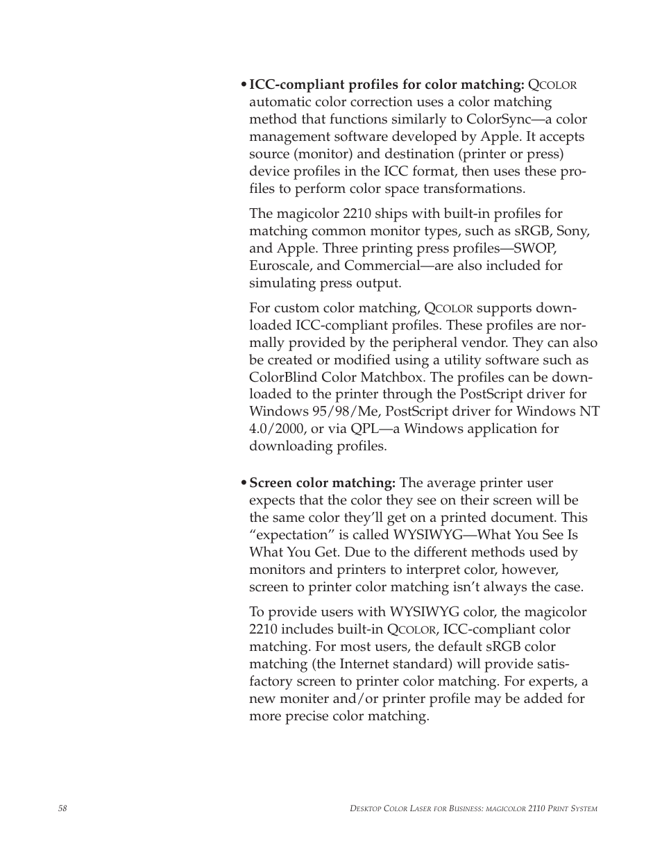 Icc-compliant profiles for color matching: q | Minolta magicolor 2210 User Manual | Page 62 / 78