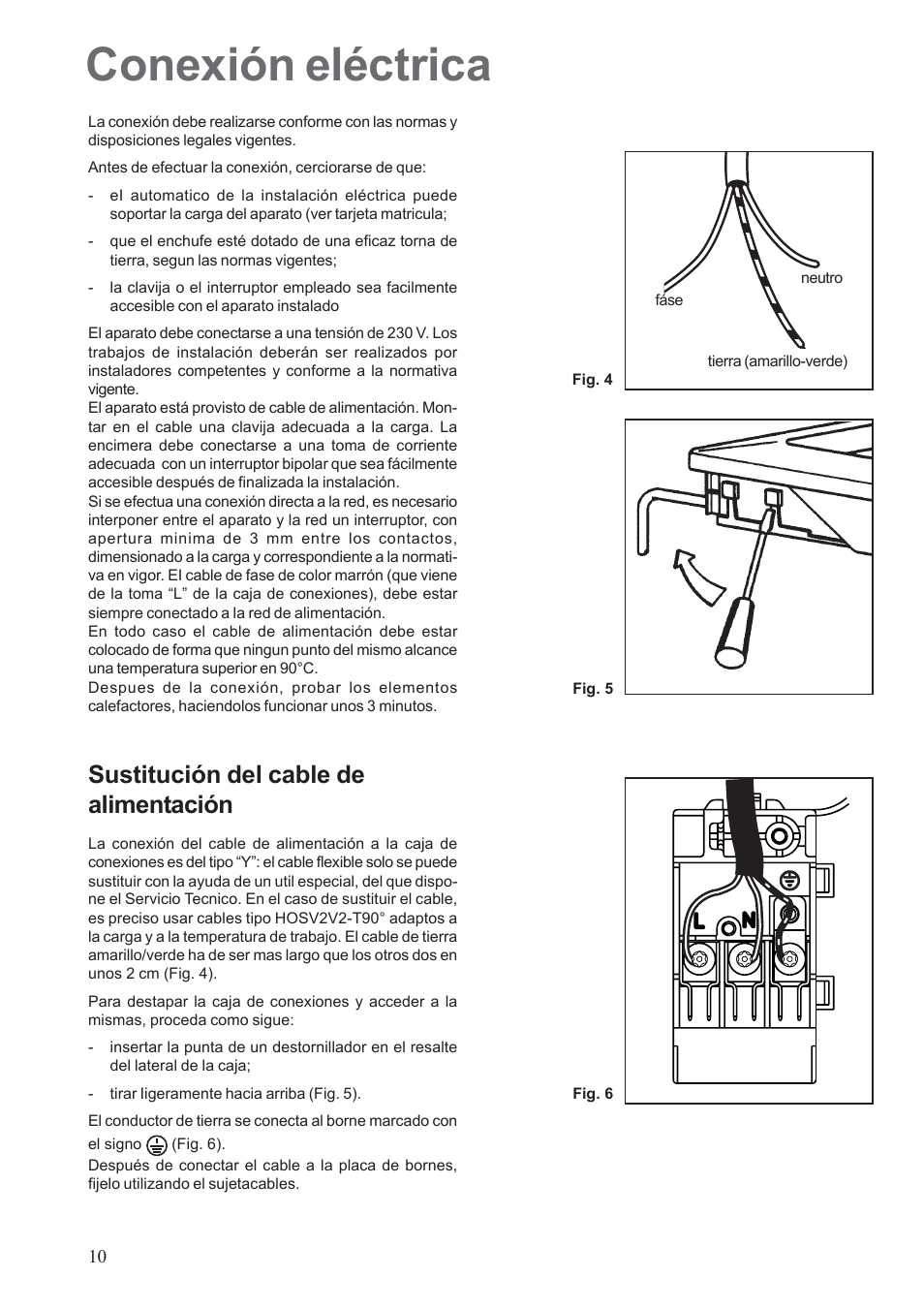 Conexión eléctrica, Sustitución del cable de alimentación | Electrolux EHG30235 x User Manual | Page 10 / 100