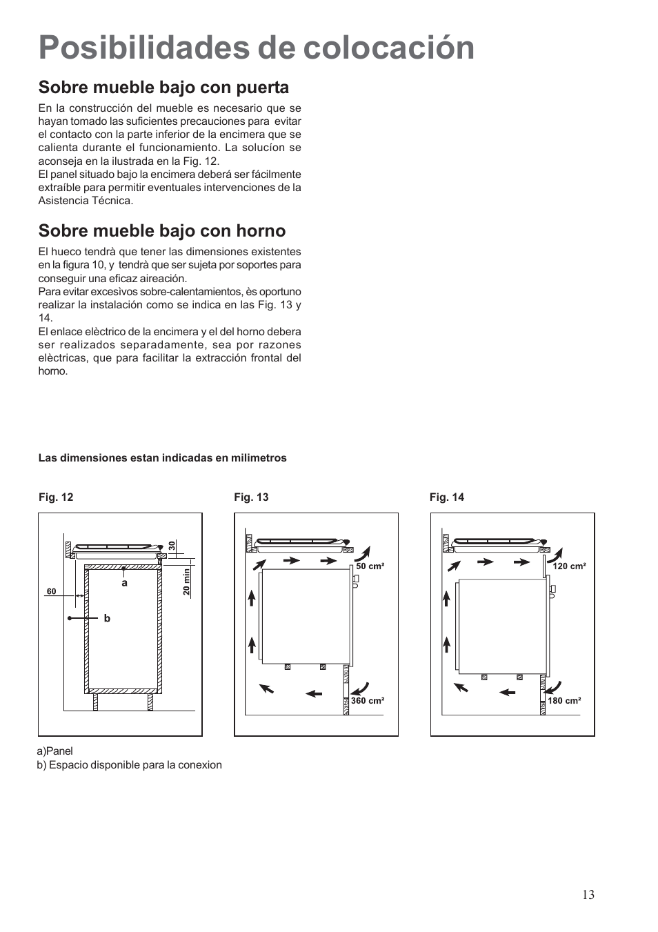 Posibilidades de colocación, Sobre mueble bajo con puerta, Sobre mueble bajo con horno | Electrolux EHG30235 x User Manual | Page 13 / 100