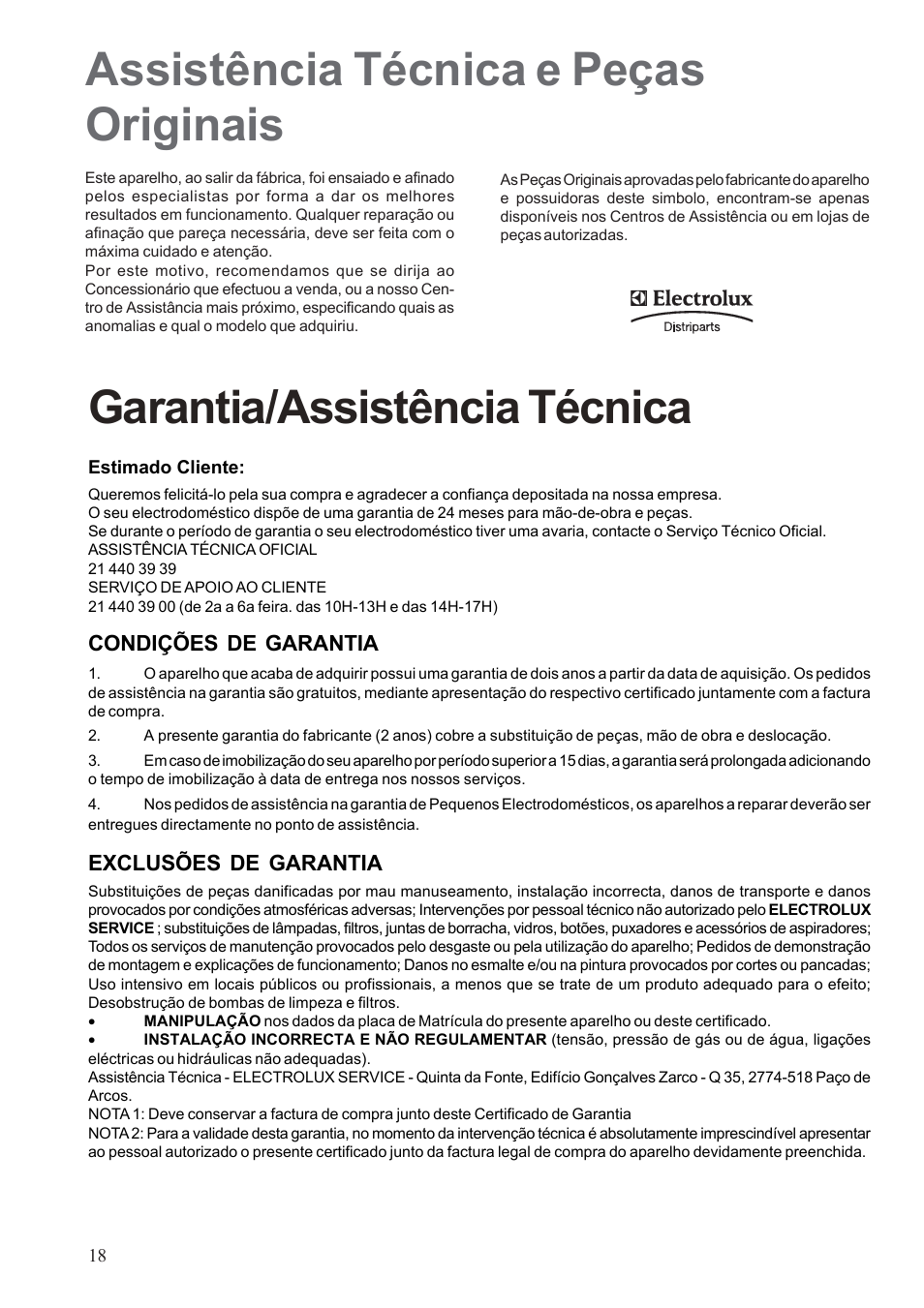Garantia/assistência técnica, Assistência técnica e peças originais | Electrolux EHG30235 x User Manual | Page 18 / 100