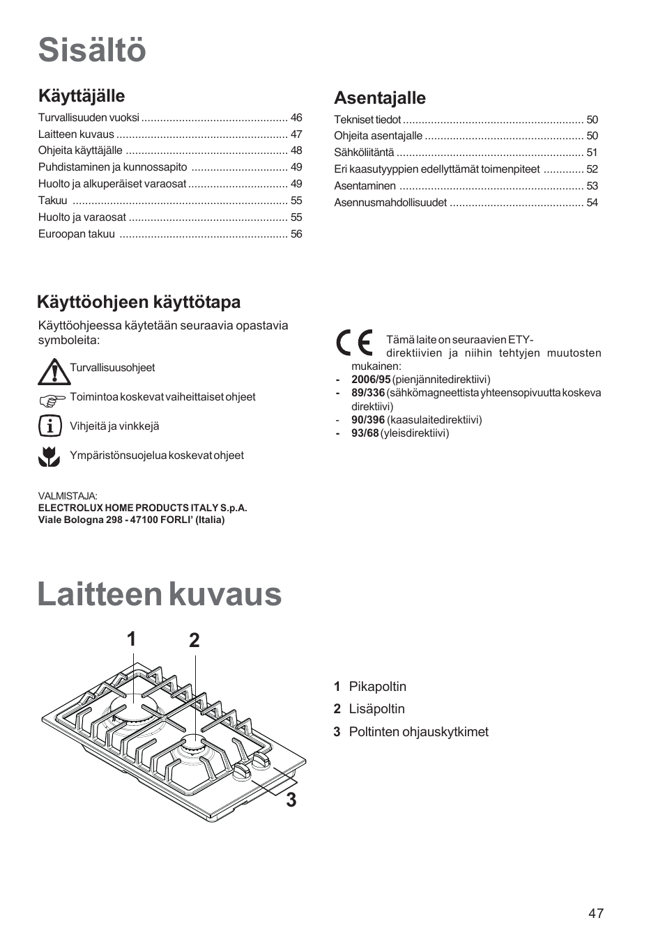 Sisältö laitteen kuvaus | Electrolux EHG30235 x User Manual | Page 47 / 100