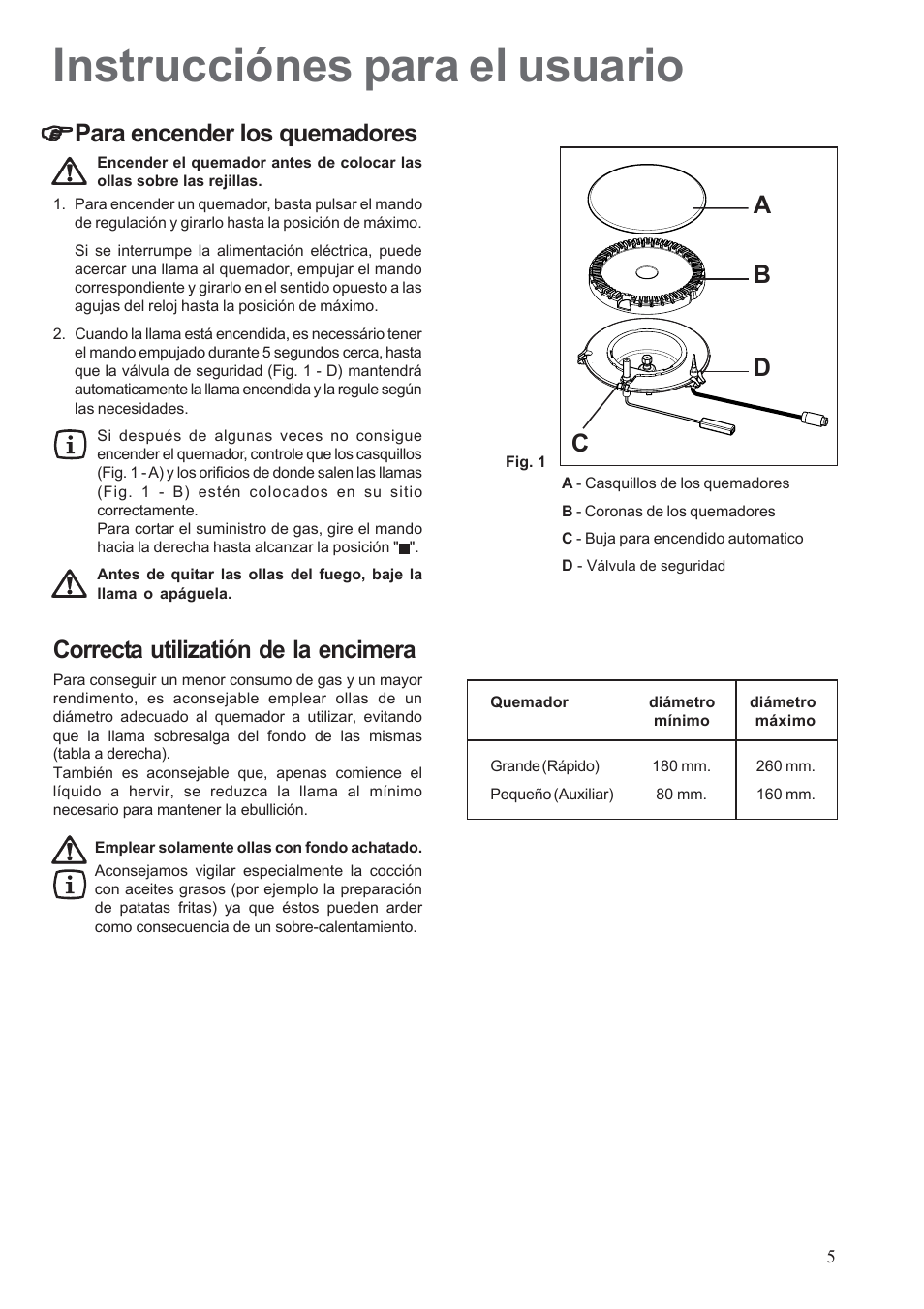 Instrucciónes para el usuario, Correcta utilizatión de la encimera, Para encender los quemadores | Ab c d | Electrolux EHG30235 x User Manual | Page 5 / 100