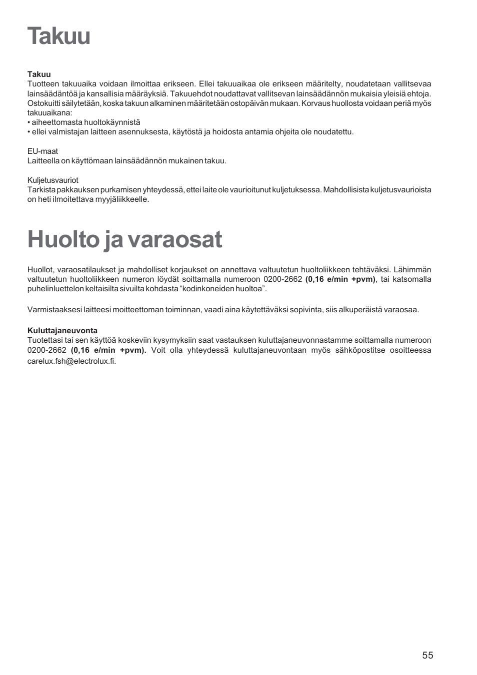 Takuu, Huolto ja varaosat | Electrolux EHG30235 x User Manual | Page 55 / 100