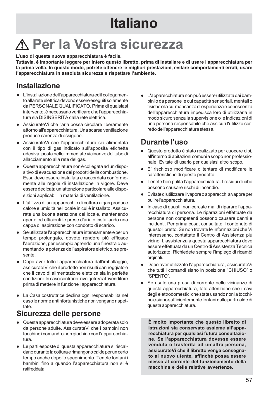 7005.pc.it, Per la vostra sicurezza, Italiano | Installazione, Sicurezza delle persone, Durante l'uso | Electrolux EHG30235 x User Manual | Page 57 / 100