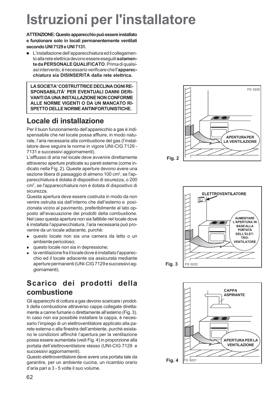 Istruzioni per l'installatore, Locale di installazione, Scarico dei prodotti della combustione | Electrolux EHG30235 x User Manual | Page 62 / 100